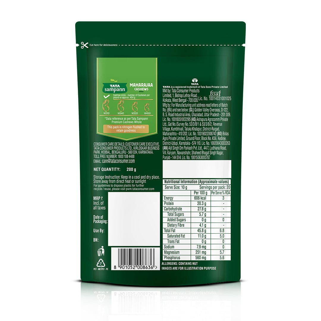 Maharajaa Cashews Kaju (Whole) | Source of Protein, Magnesium, Phosphorus, Dietary Fibre | Chef Ranveer Brar’s Choice | Premium Quality | 200g