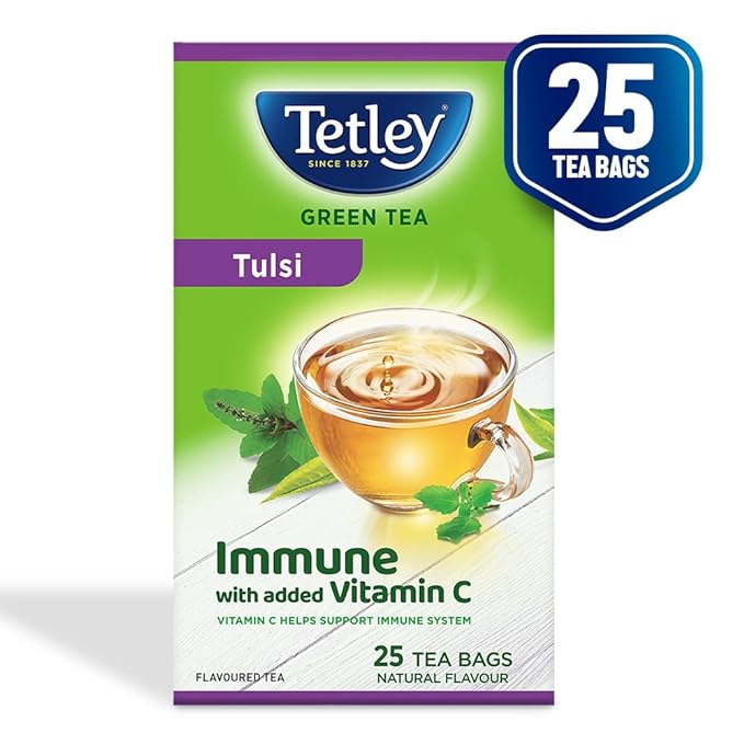 Green Tea With Tulsi | Immune, With Added Vitamin C | Boosts Immunity & Metabolism | Helps Detox & Rejuvenate | Rich in Anti-Oxidants | Plastic-free and Staple-free Tea Bags | 25 Tea Bags
