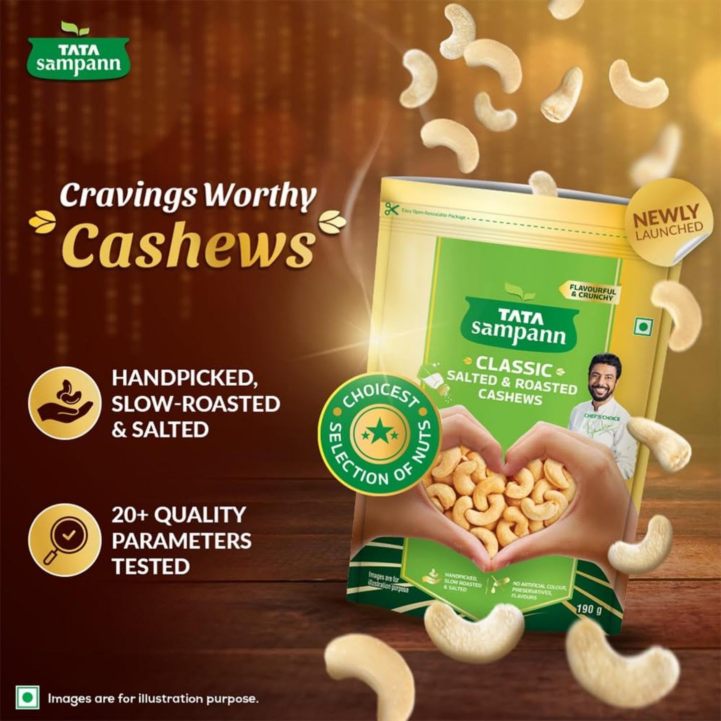 Salted & Roasted Cashews (Kaju) | Crunchy Snack | Handpicked, Salted & Slow Roasted Cashews | Rich in Protein, Magnesium, and Phosphorus | No Artificial Colours & Preservatives | 190g
