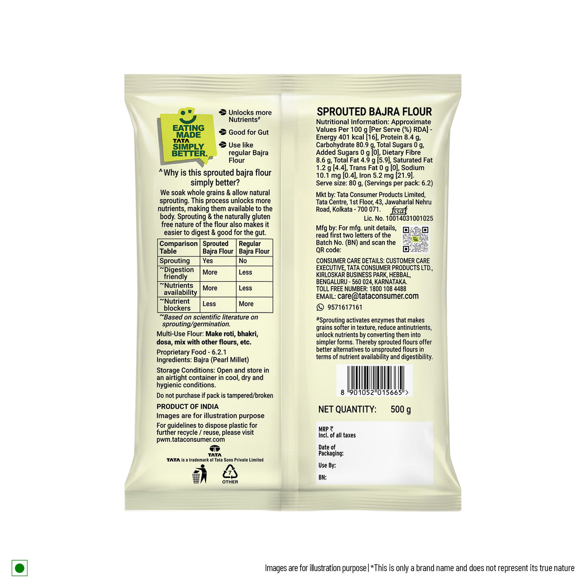 Tata Simply Better Sprouted Bajra Flour | 8g Fibre per 100g | 500g Pack