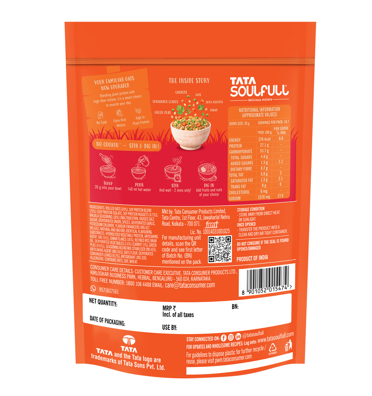 Tata Soulfull No Cook Hi Protein Oats Millet Masala