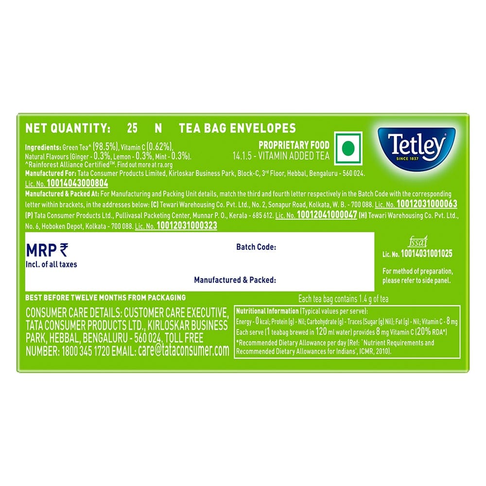 Tetley Green Tea Bag, 25 Sachets GML