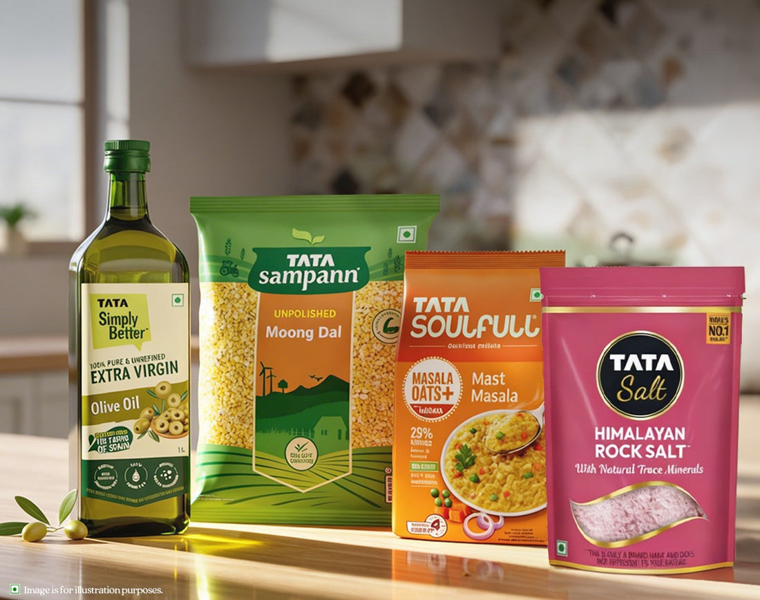 Indian kitchen staples to stock up on - Tata Simply Better olive oil, Tata Sampann moong dal, Tata Soulfull Mast Masala oats, Himalayan rock salt  