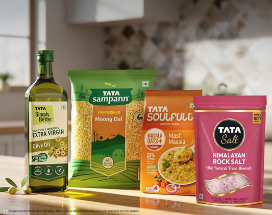 Indian kitchen staples to stock up on - Tata Simply Better olive oil, Tata Sampann moong dal, Tata Soulfull Mast Masala oats, Himalayan rock salt  