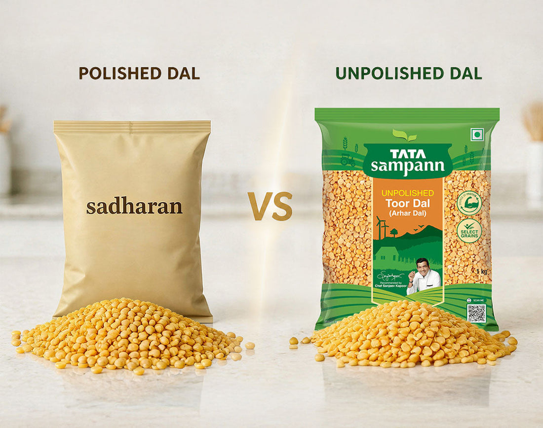 Side-by-side comparison of polished and unpolished toor dal — polished dal on the left appears shiny and uniform, unpolished dal on the right looks matte and earthy  with natural texture