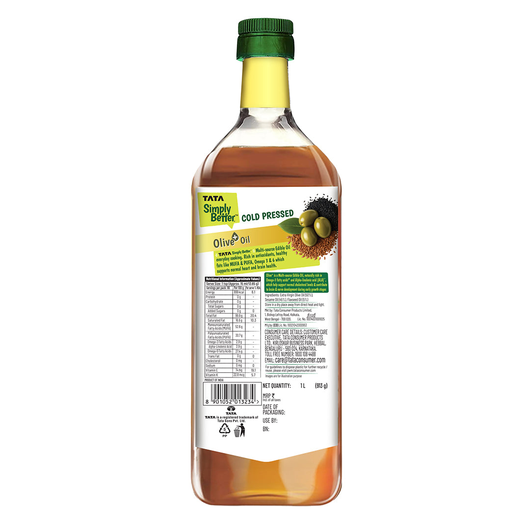 Tata Simply Better Cold Pressed Olive oil+ Blend 1L (Extra Virgin Olive + Sesame + Flax Seed)