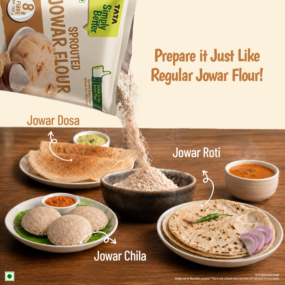 Tata Simply Better Sprouted Jowar Flour | 8g Fibre per 100g | 500g Pack