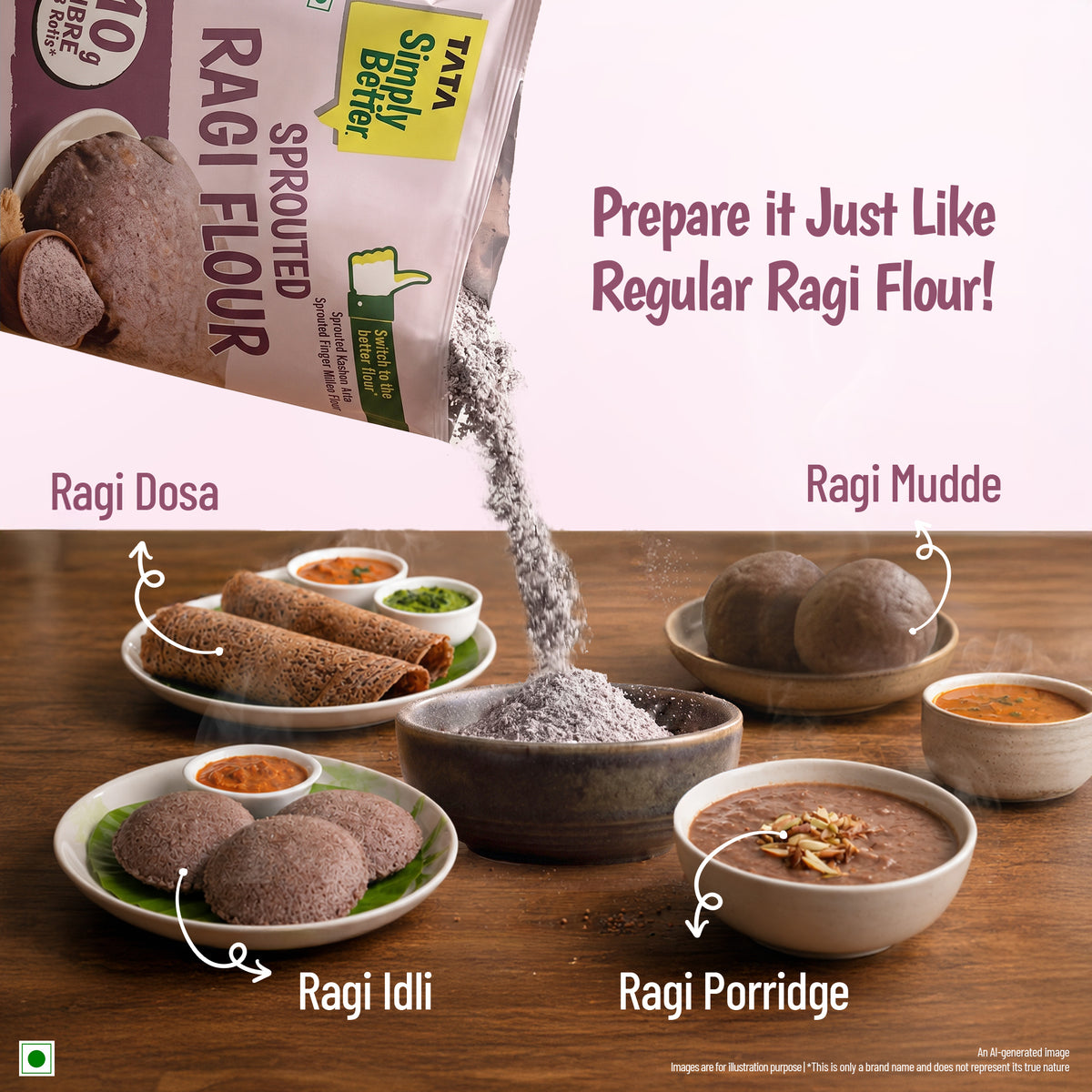 Tata Simply Better Sprouted Ragi Flour | 10g Fibre in 3 Rotis | 500g Pack