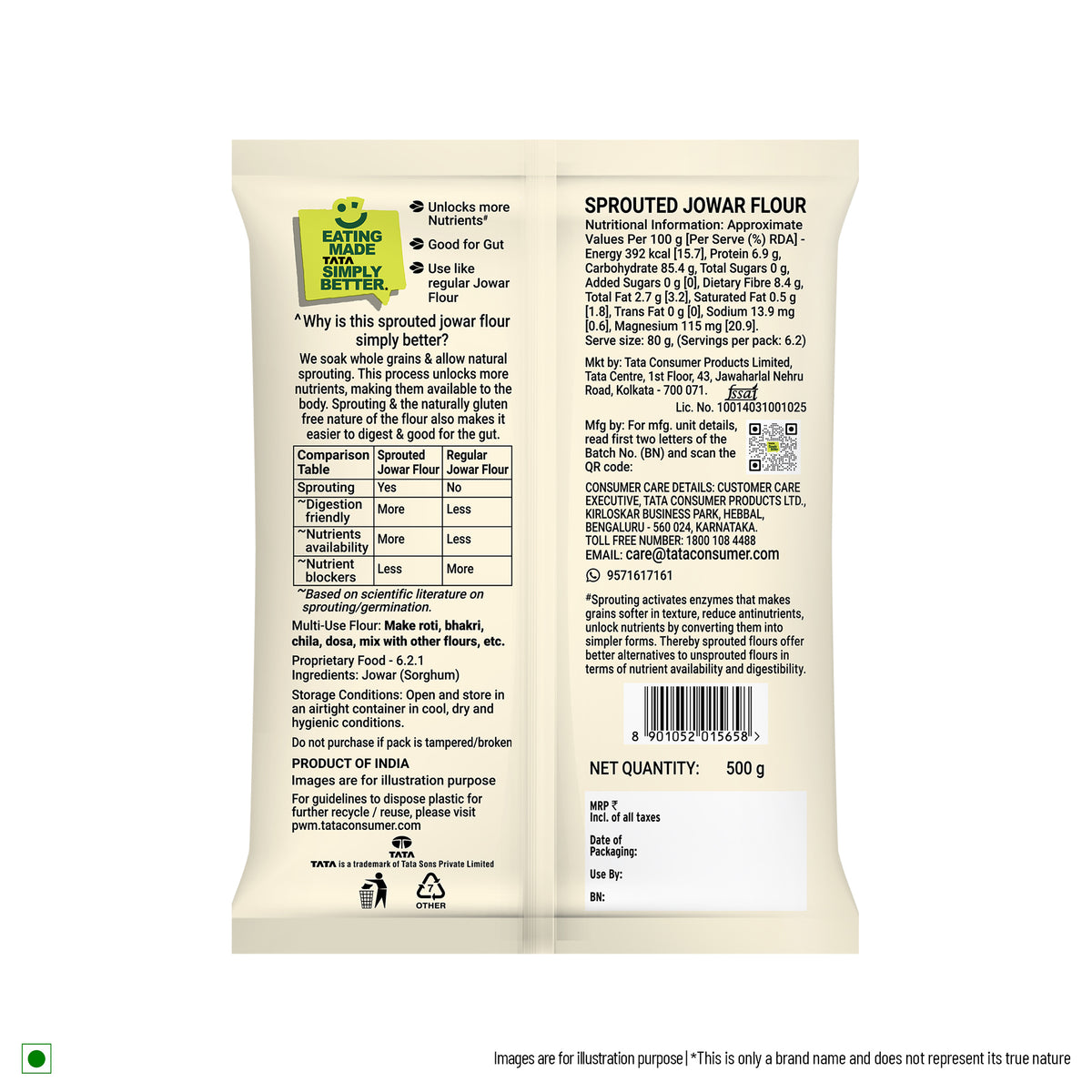 Tata Simply Better Sprouted Jowar Flour | 8g Fibre per 100g | 500g Pack