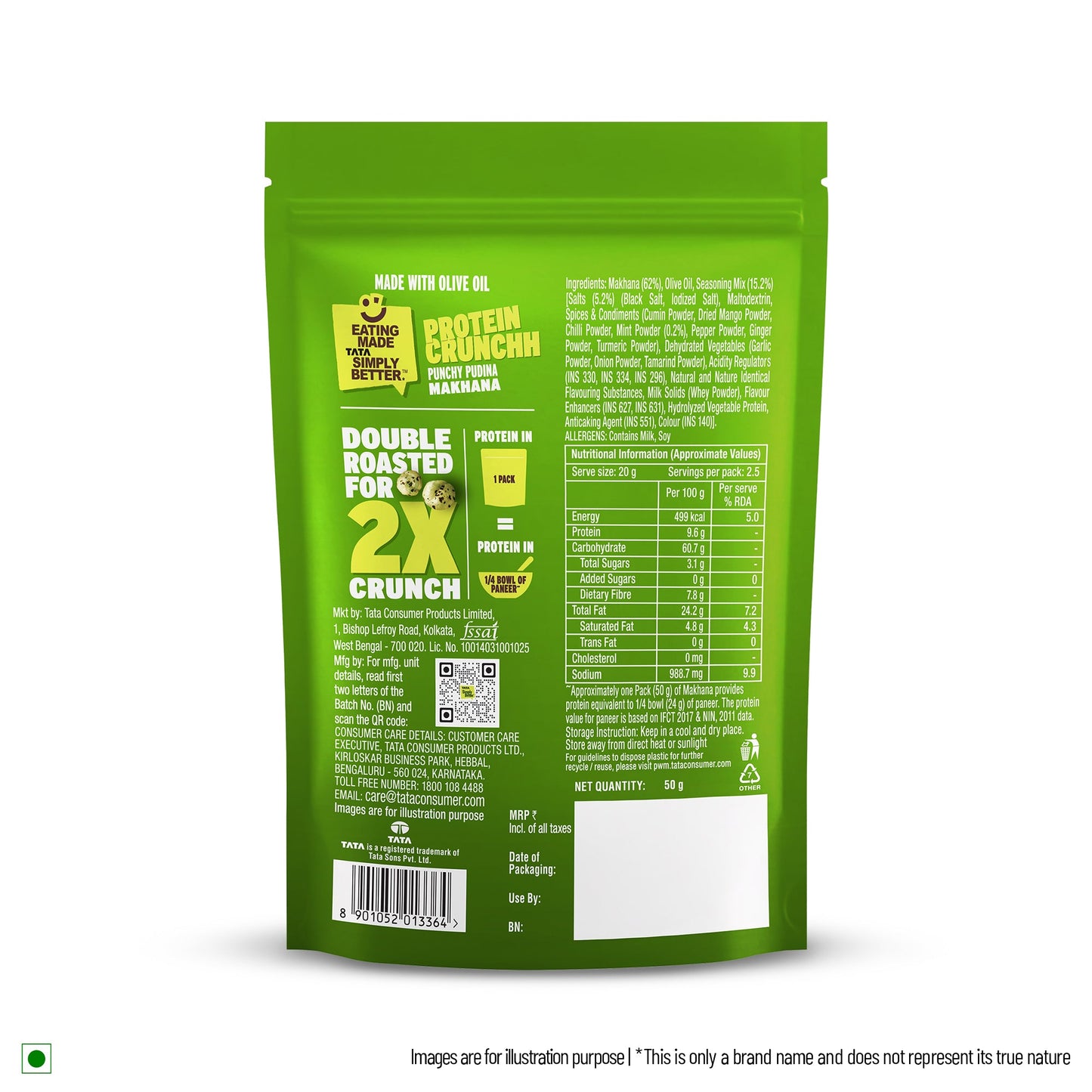 Tata Simply Better Punchy Pudina Flavoured Makhana | 50g | Double Roasted for 2X Crunch, With No Palm Oil & Artificial Flavours, Dry Fruits & Nuts Based Snack, Made with Olive Oil