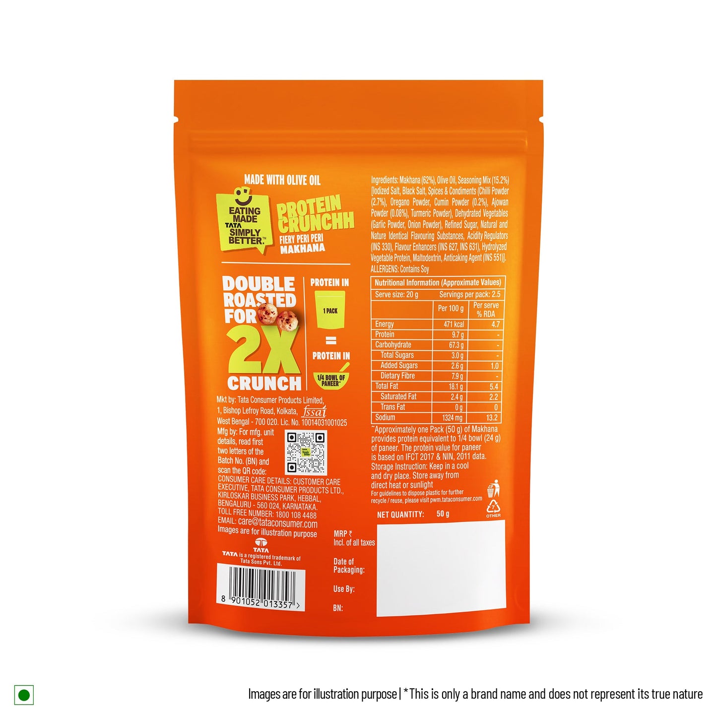 Tata Simply Better Peri Peri Makhana | 50g | Double Roasted for 2X Crunch, With No Palm Oil & Artificial Flavours, Dry Fruits & Nuts Based Snack, Made with Olive Oil