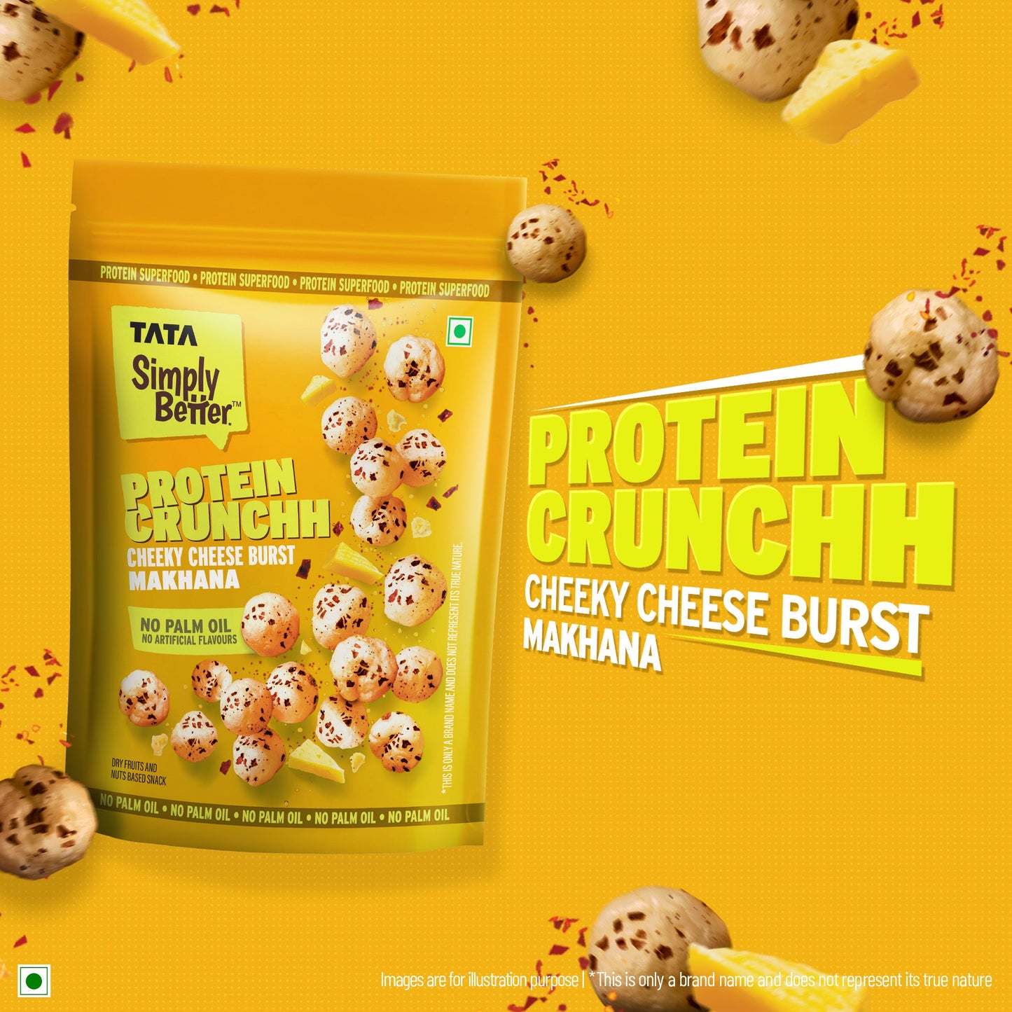 Tata Simply Better Cheeky Cheese Burst Flavoured Makhana | 50g | Double Roasted for 2X Crunch, With No Palm Oil & Artificial Flavours, Dry Fruits & Nuts Based Snack, Made with Olive Oil
