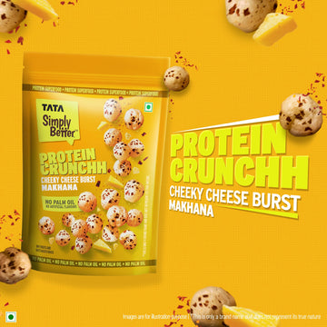 Tata Simply Better Cheeky Cheese Burst Flavoured Makhana | 50g | Double Roasted for 2X Crunch, With No Palm Oil & Artificial Flavours, Dry Fruits & Nuts Based Snack, Made with Olive Oil