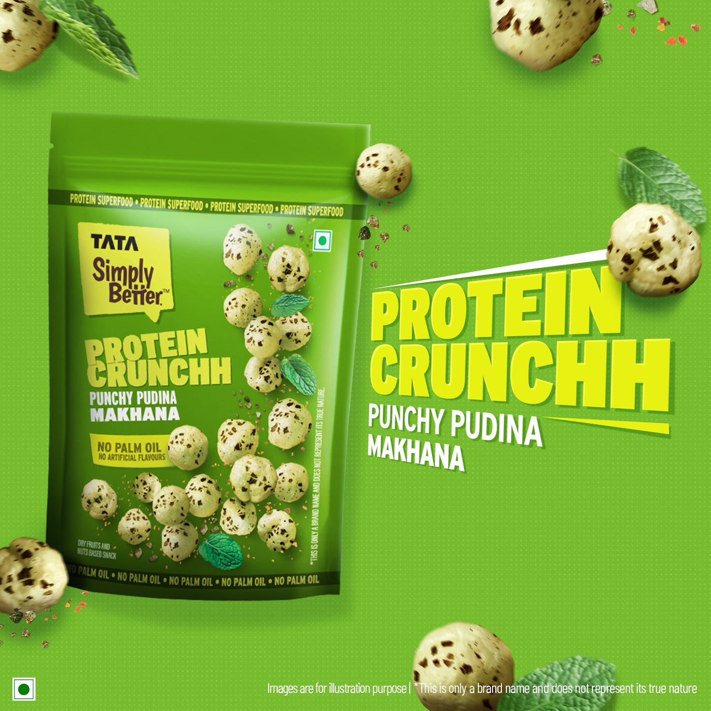 Tata Simply Better Punchy Pudina Flavoured Makhana | 50g | Double Roasted for 2X Crunch, With No Palm Oil & Artificial Flavours, Dry Fruits & Nuts Based Snack, Made with Olive Oil