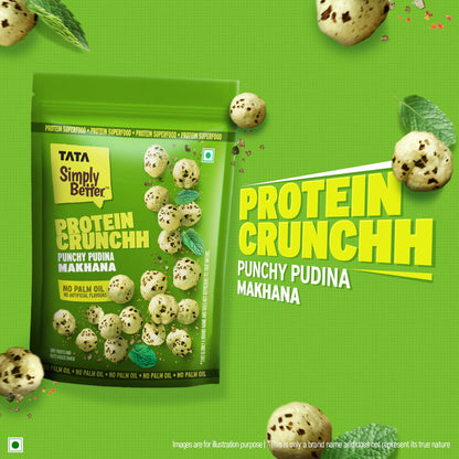 Tata Simply Better Punchy Pudina Flavoured Makhana | 50g | Double Roasted for 2X Crunch, With No Palm Oil & Artificial Flavours, Dry Fruits & Nuts Based Snack, Made with Olive Oil
