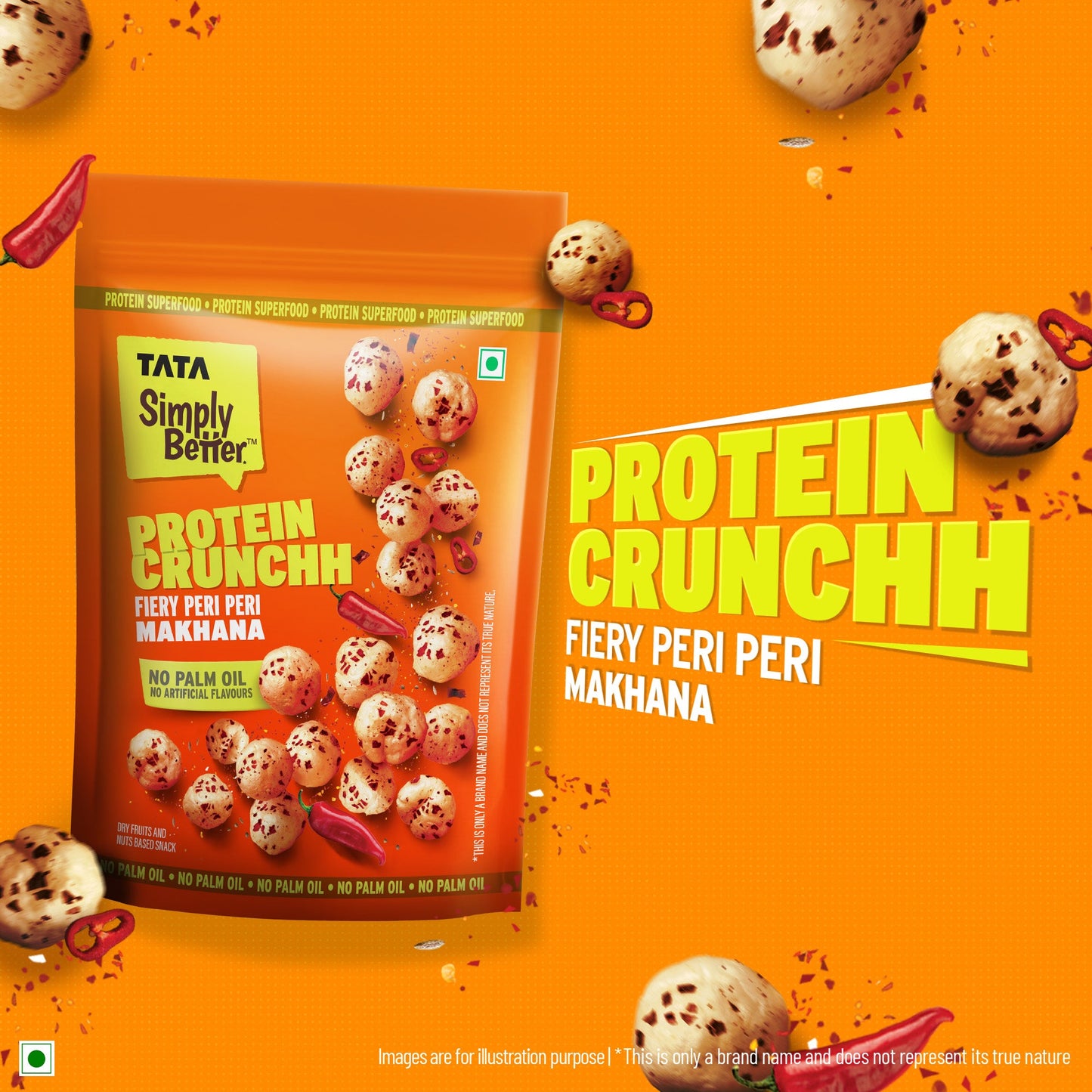 Tata Simply Better Peri Peri Makhana | 50g | Double Roasted for 2X Crunch, With No Palm Oil & Artificial Flavours, Dry Fruits & Nuts Based Snack, Made with Olive Oil