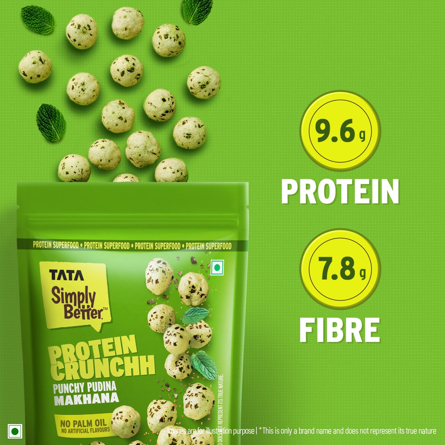 Tata Simply Better Punchy Pudina Flavoured Makhana | 50g | Double Roasted for 2X Crunch, With No Palm Oil & Artificial Flavours, Dry Fruits & Nuts Based Snack, Made with Olive Oil