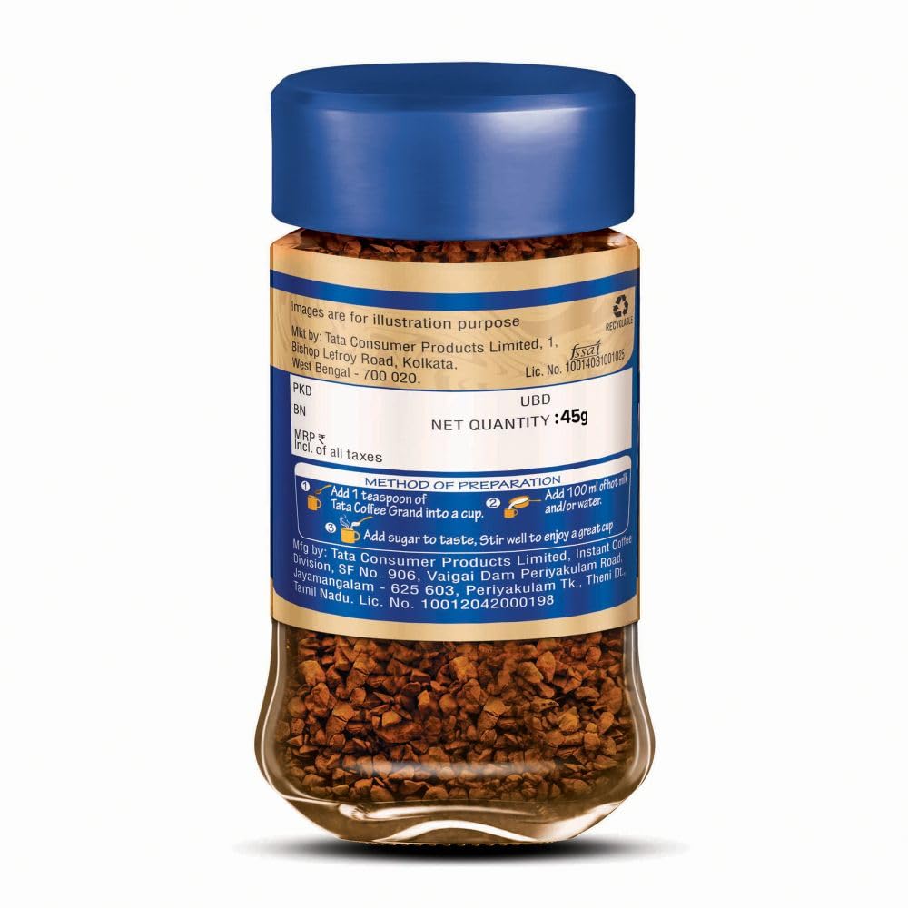 Tata Coffee Grand Classic | Instant Coffee, 45g Jar | Chicory Mix With Strong Taste & Rich Aroma | With Flavour Locked Decoction Crystals