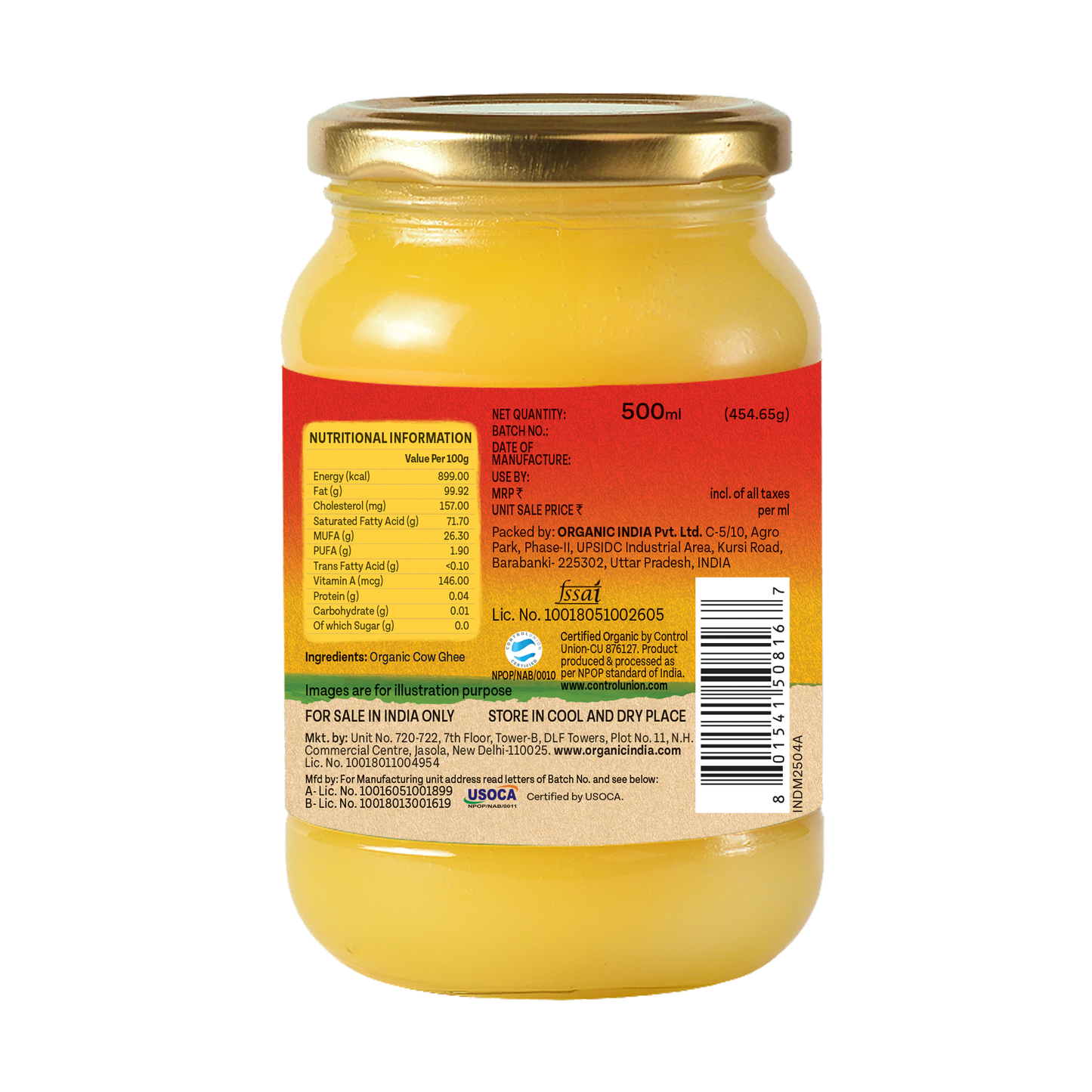 Organic India Cow Ghee | Authentic Taste | Rich in Healthy Fat - 500 ml