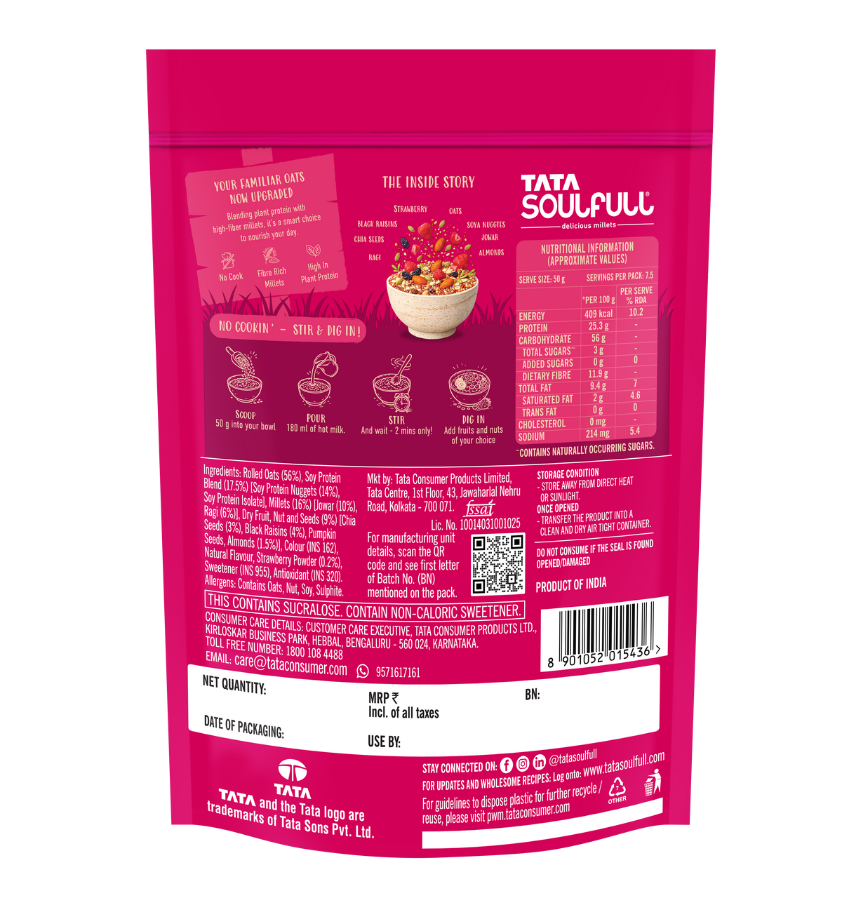 Tata Soulfull No Cook Millet Hi Protein Oats Berry Chia, 375g, 25g Plant Protein, High Fibre