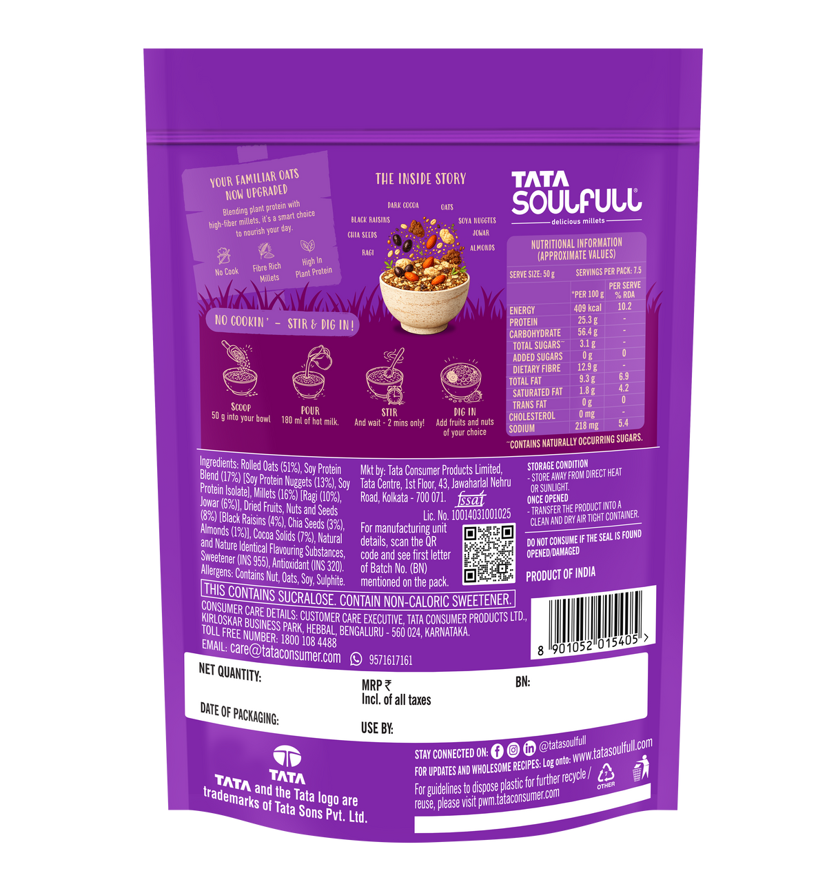 Tata Soulfull No Cook Millet Hi Protein Oats Dark Cocoa & Almond, 375g, 25g Plant Protein, 8g High Fibre