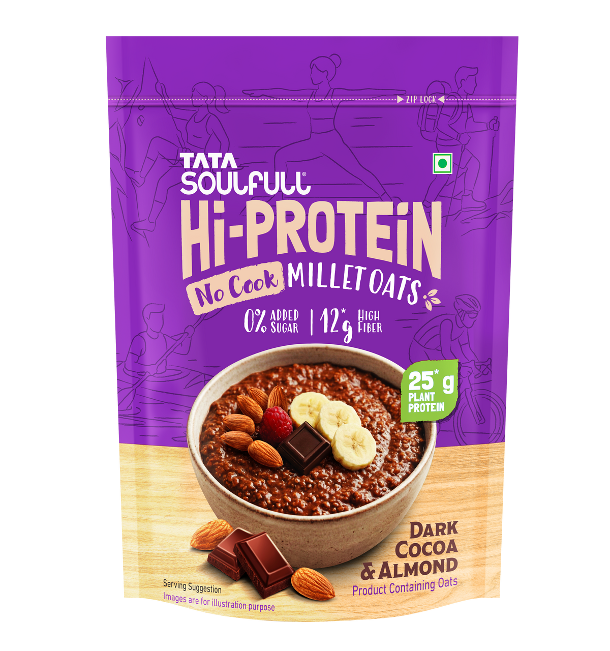 Tata Soulfull No Cook Millet Hi Protein Oats Dark Cocoa & Almond, 375g, 25g Plant Protein, 8g High Fibre