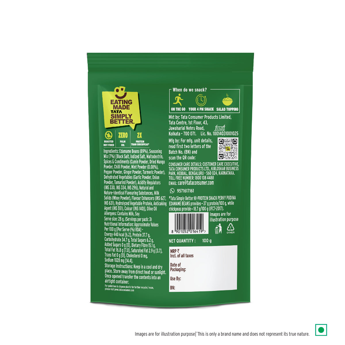 Tata Simply Better Hi-Protein Edamame Snack Perky Pudina Flavored Beans | 100g