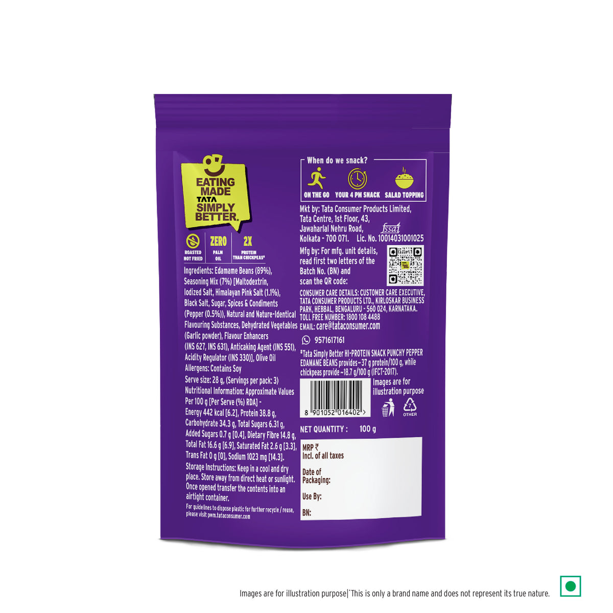 Tata Simply Better Hi-Protein Edamame Snack Punchy Pepper Flavored Beans | 100g