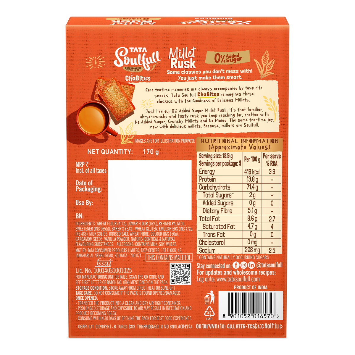 Tata Soulfull Millet Rusk 0% Added Sugar