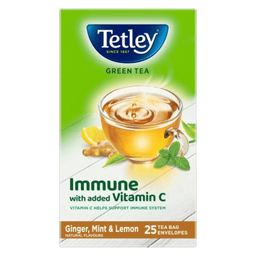 Green Tea Immune, With Added Vitamin C | Ginger, Mint & Lemon | Natural Flavours | Boosts Immunity & Metabolism | Rich in Anti-oxidants | 100% plastic-free and staple-free tea bags | 25 Tea Bags / 50 Tea Bags