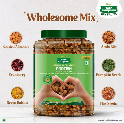 Premium Delight Protein Nuts & Seeds Mix | 1kg Pack | Protein Trail Mix | Mixed Dry Fruits, Roasted Almonds, Pumpkin and Flax Seeds, Green Raisins, Amla Bits, & Cranberries Slices | Reusable Jar