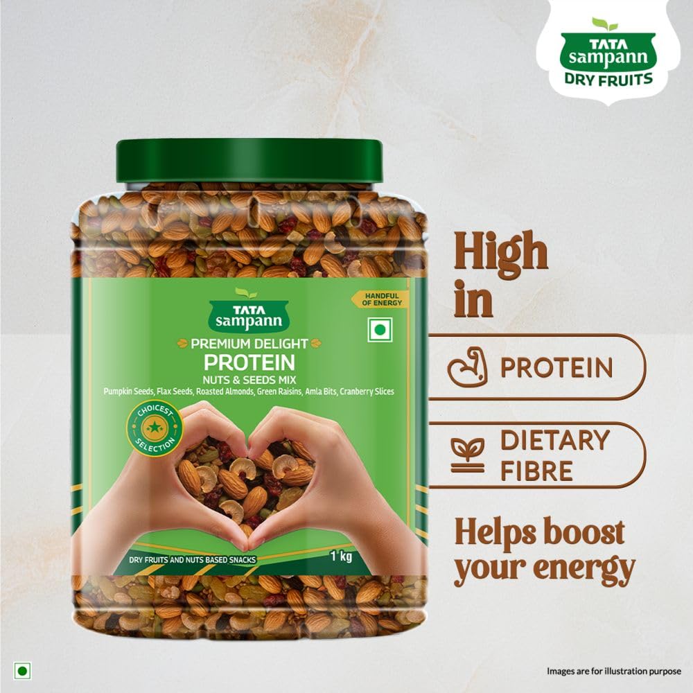 Premium Delight Protein Nuts & Seeds Mix | 1kg Pack | Protein Trail Mix | Mixed Dry Fruits, Roasted Almonds, Pumpkin and Flax Seeds, Green Raisins, Amla Bits, & Cranberries Slices | Reusable Jar