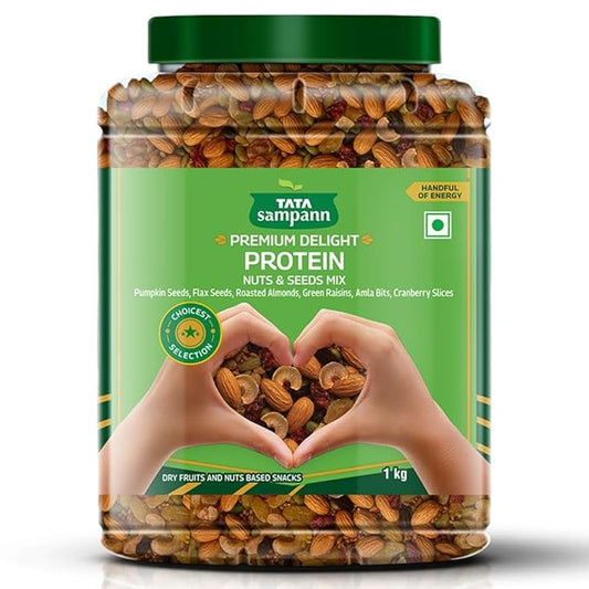 Premium Delight Protein Nuts & Seeds Mix | 1kg Pack | Protein Trail Mix | Mixed Dry Fruits, Roasted Almonds, Pumpkin and Flax Seeds, Green Raisins, Amla Bits, & Cranberries Slices | Reusable Jar
