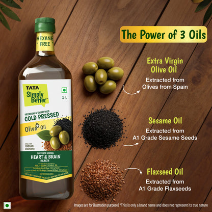 Tata Simply Better Cold Pressed Olive oil+ Blend 1L (Extra Virgin Olive + Sesame + Flax Seed)