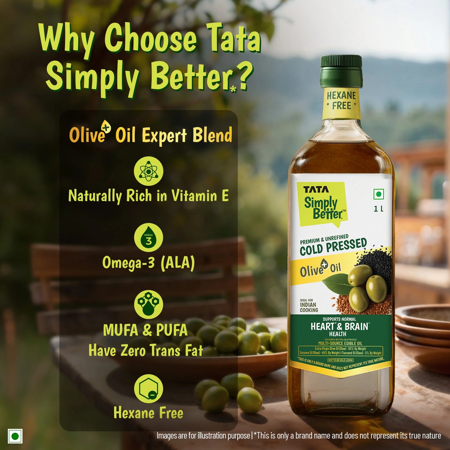 Tata Simply Better Cold Pressed Olive oil+ Blend 1L (Extra Virgin Olive + Sesame + Flax Seed)