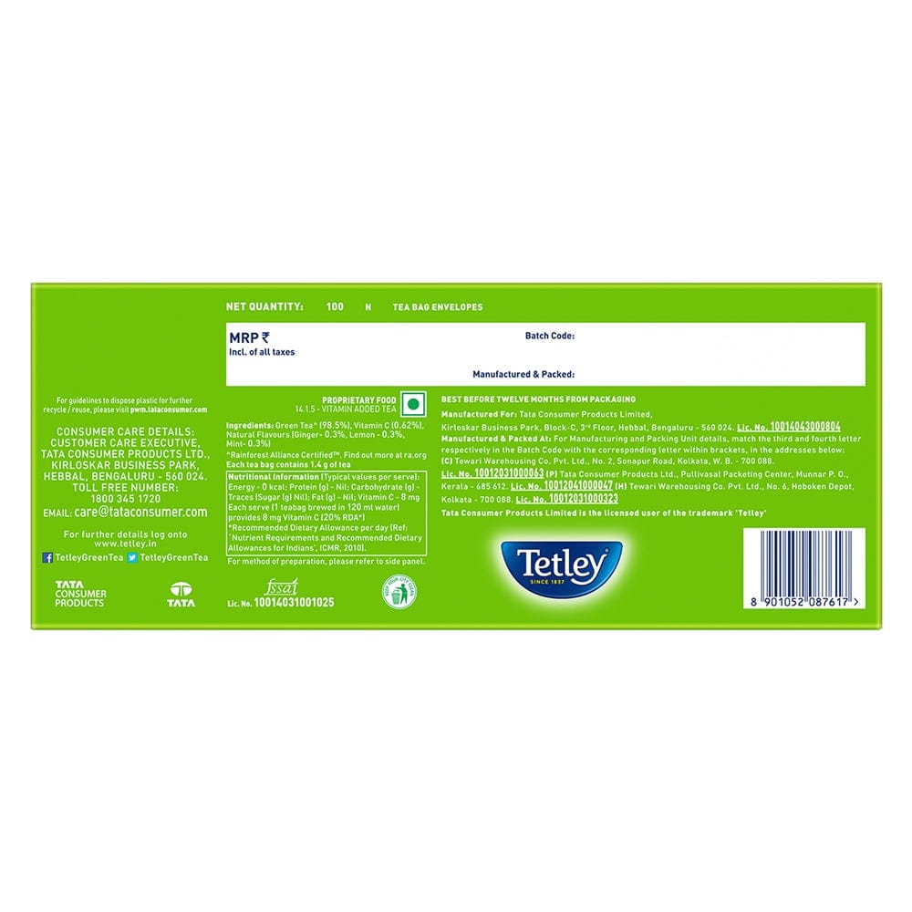 Tetley | Ginger, Mint & Lemon Flavored Green Tea | 100 Tea Bags