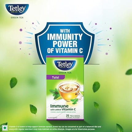 Tetley | Green Tea With Tulsi | Immune With Added Vitamin C | 25 Tea Bags, 30 Grams